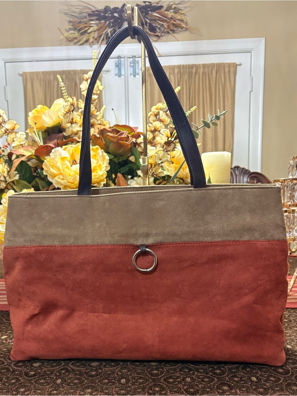 Estee Lauder Two-Tone Suede Shoulder Bag in Rust and Taupe with Black Handles